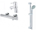 Подробнее о Комплект смесителей Grohe Grotherm 117643 смеситель для раковины 3220400E, смеситель термостат для душа 34065000, душевой гарнитур 27598000, хром