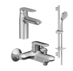 Подробнее о Комплект смесителей Jacob Delafon Kumin E98827-CP, E99460-CP, E99898RU-CP смеситель для раковины, смеситель для ванны, душевой гарнитур со штангой